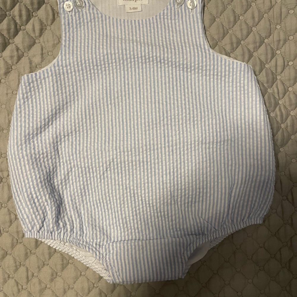 Mudpie Blue and White Seersucker Baby Romper